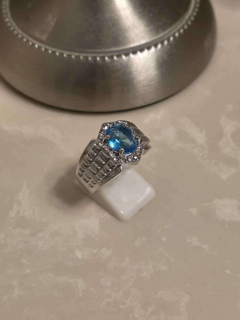 Men's Silver CZ and Aquamarine Statement Ring Size 10